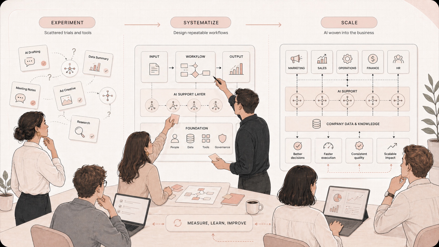 Editorial illustration of a team turning AI experiments into scalable business operations