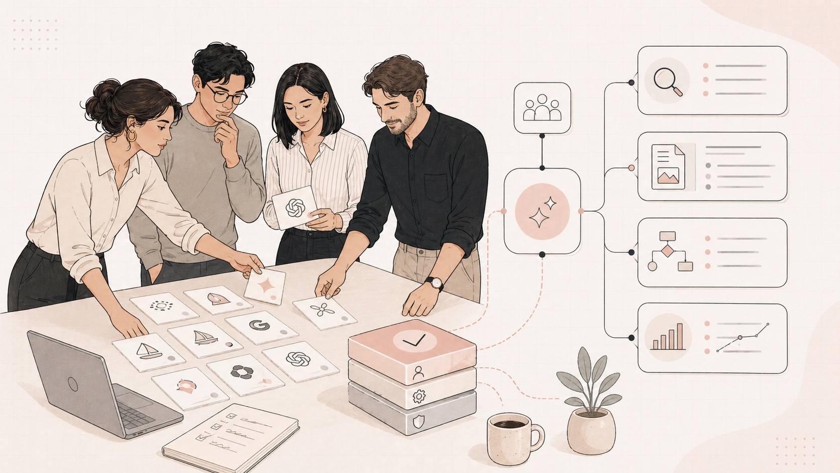 Editorial illustration of a strategy team organizing AI tools into a practical growth stack