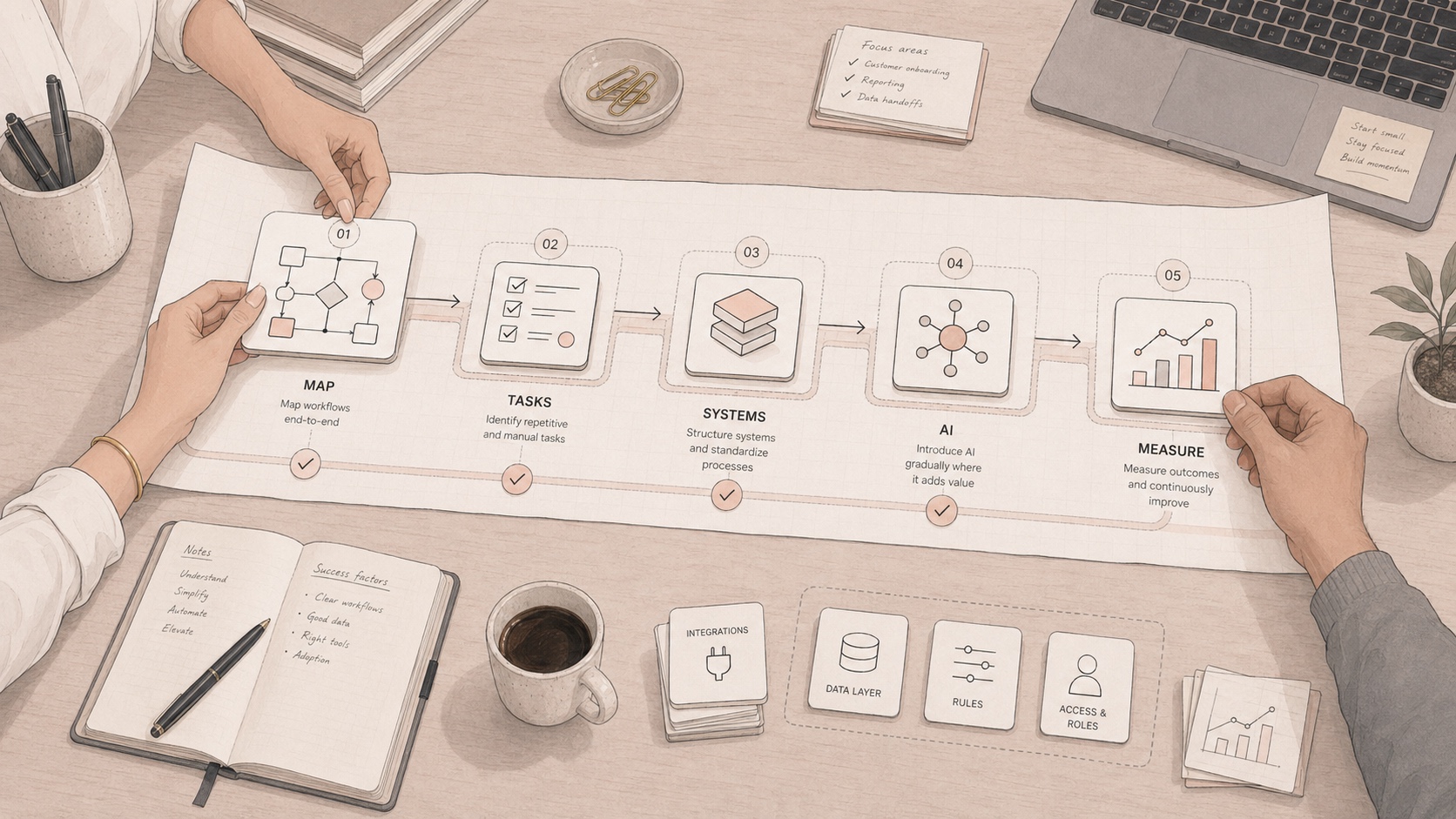 Editorial illustration of a team clarifying processes before connecting AI automation