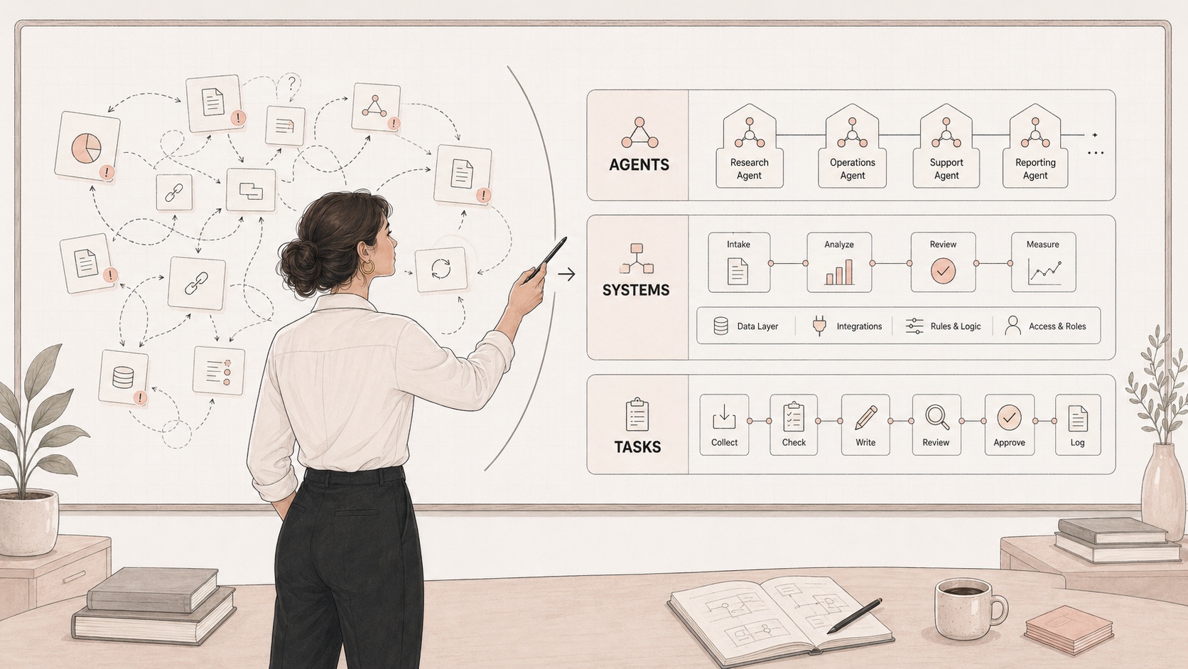 Editorial illustration of a team moving from tasks to systems to AI agents