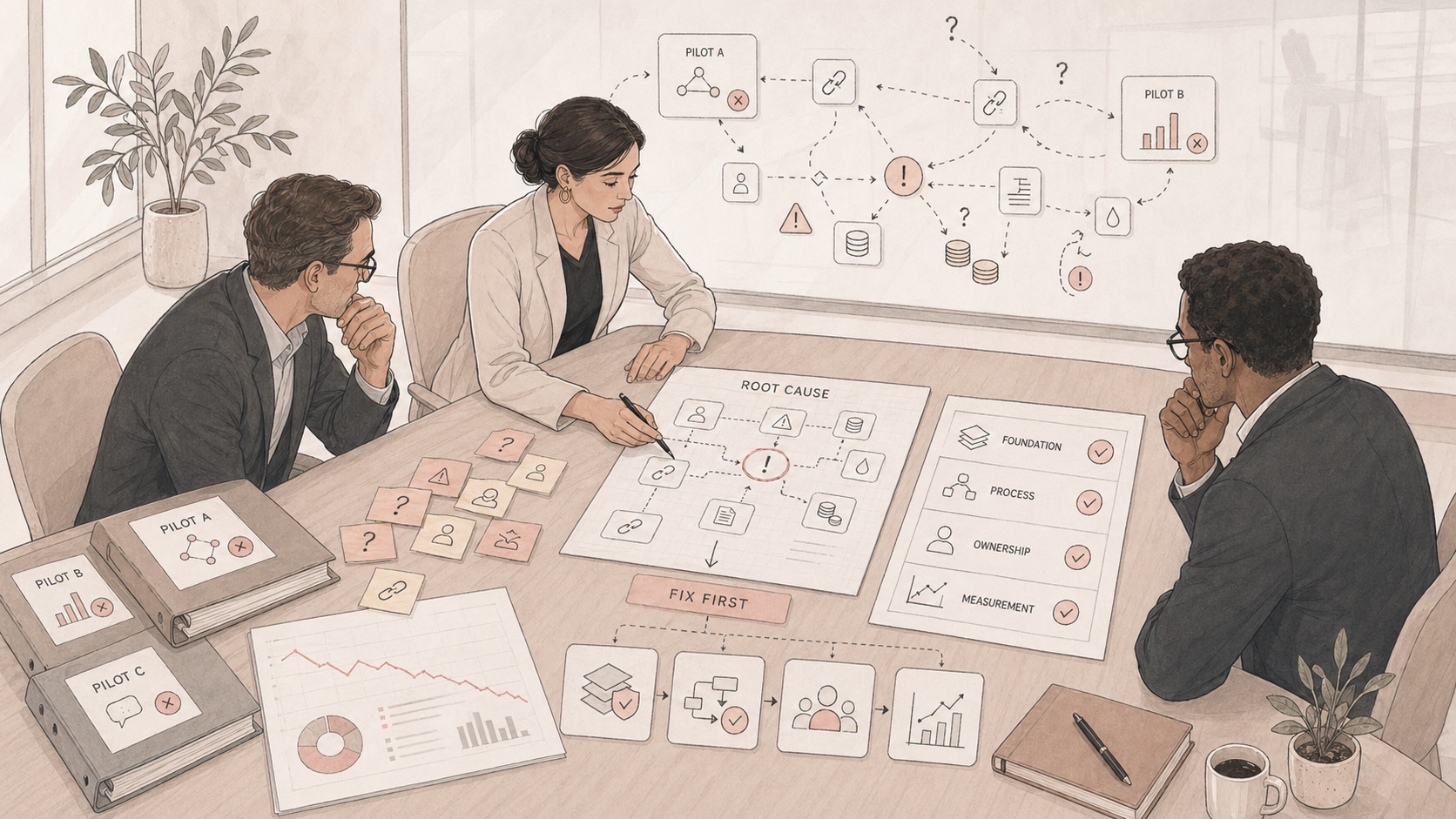 Editorial illustration of an enterprise team diagnosing failed AI projects and rebuilding the operational foundation